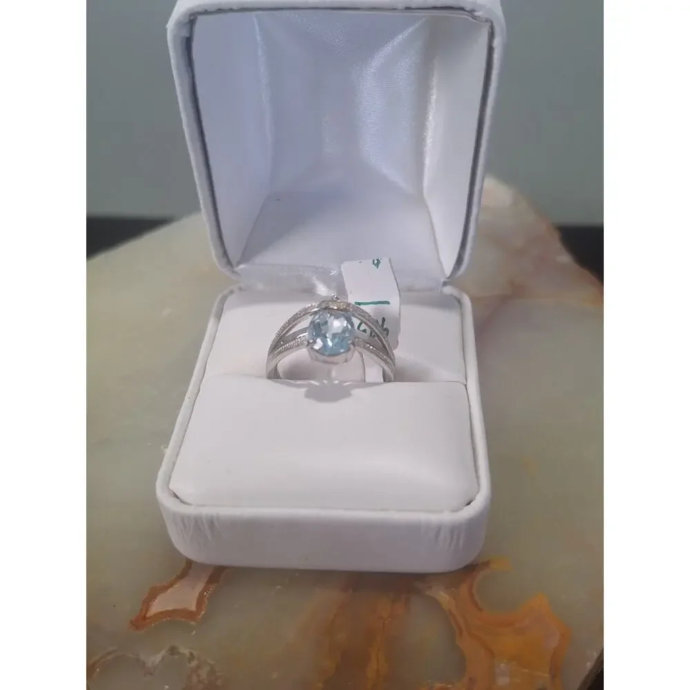 925 Sterling Silver Natural Blue Topaz Ring Oval Light Blue CZ Sz 6.5 - NIB